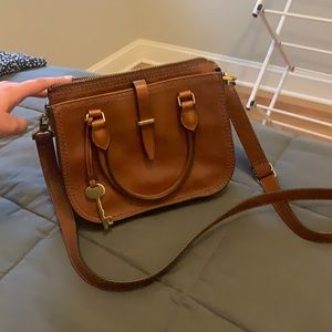 Fossil brown leather crossbody w/ handles & strap